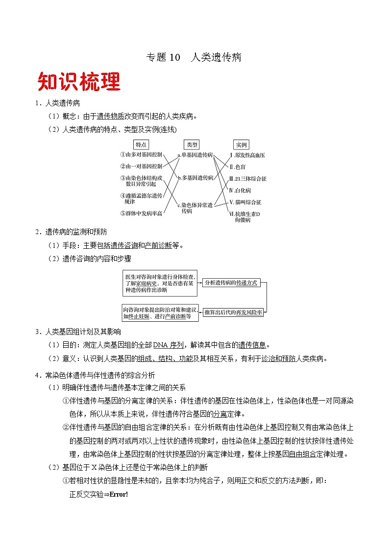 专题10 人类遗传病——高一生物下学期期末专题复习学案（人教版2019必修2）01