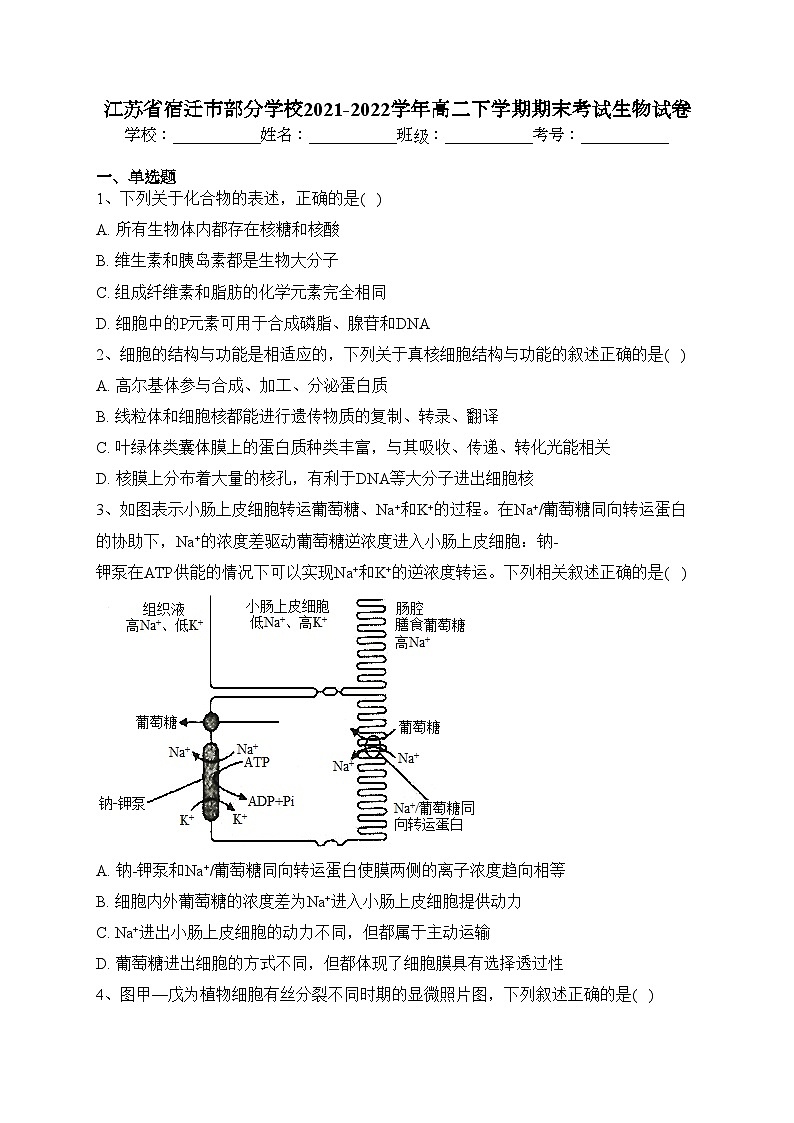 江苏省宿迁市部分学校2021-2022学年高二下学期期末考试生物试卷(含答案)01