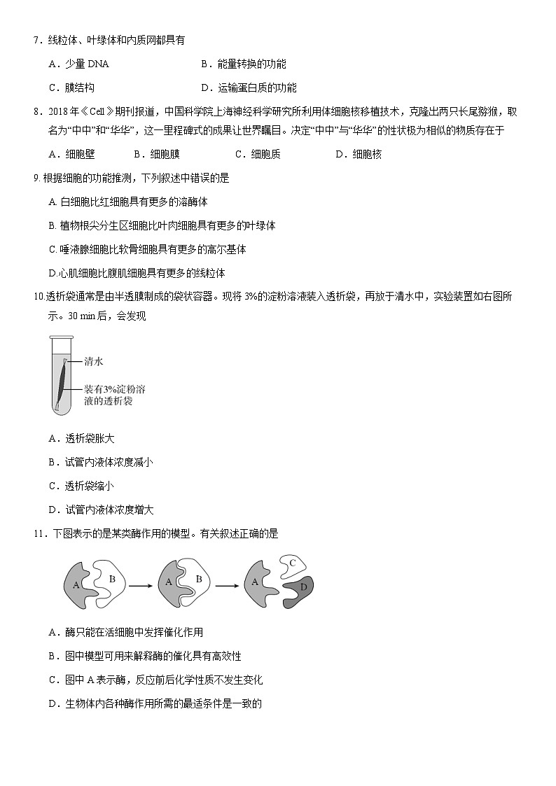 2021北京东城高一（上）期末生物（教师版） 试卷02