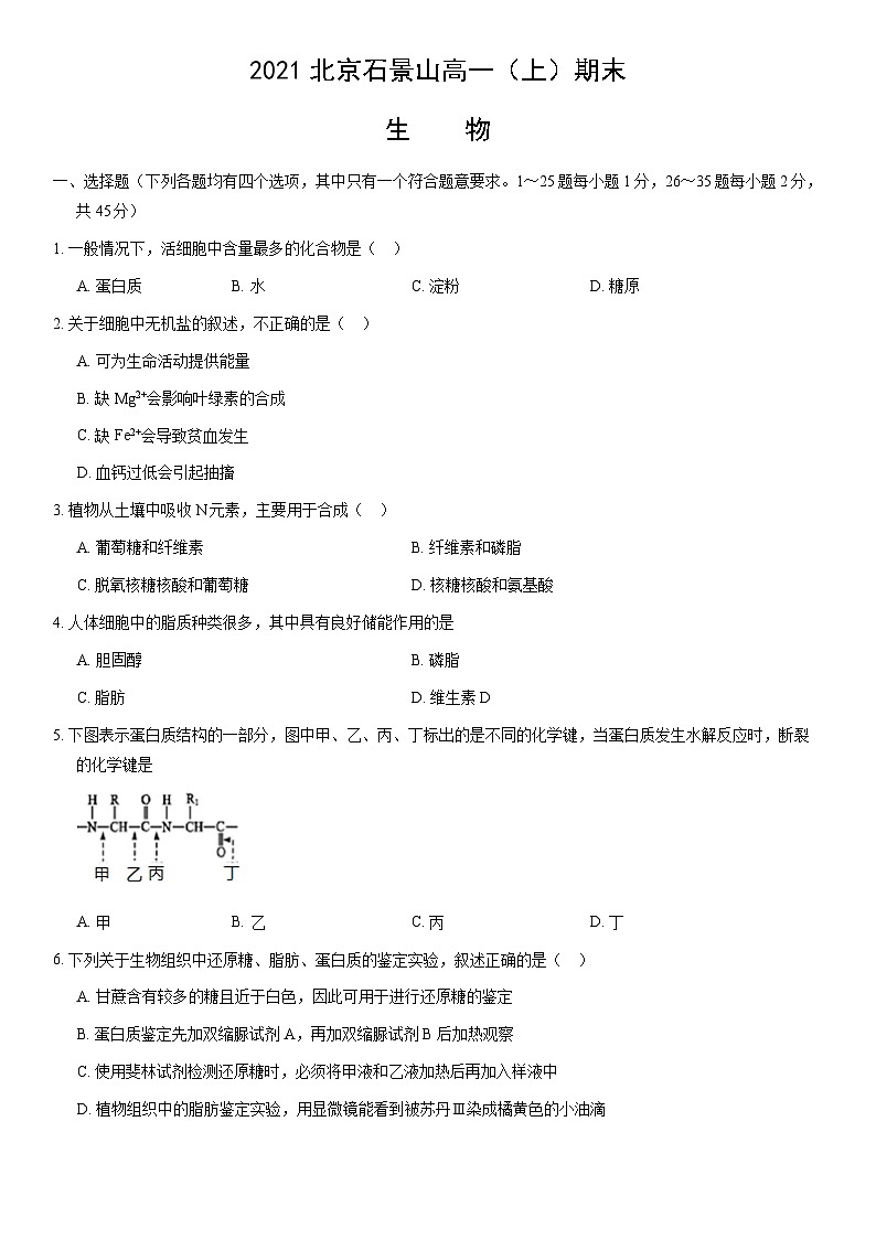2021北京石景山高一（上）期末生物（教师版）第1页
