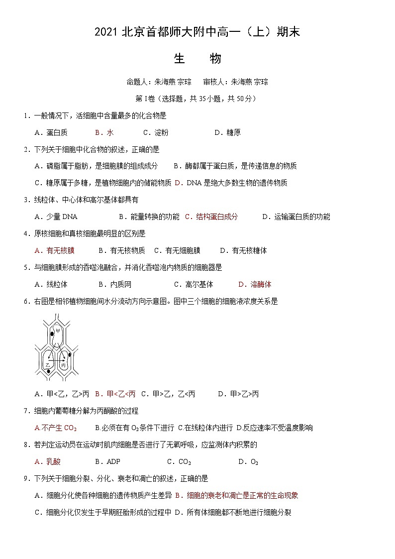 2021北京首都师大附中高一（上）期末生物（教师版） 试卷01
