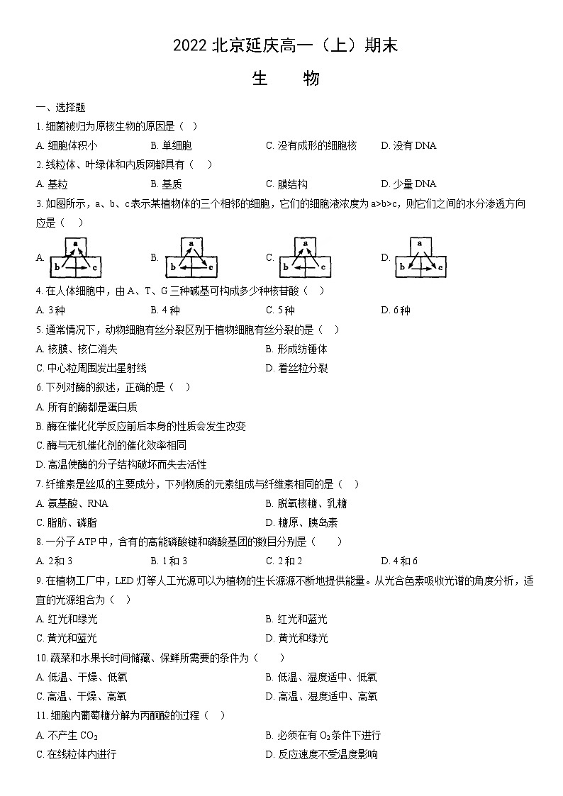 2022北京延庆高一（上）期末生物（教师版） 试卷01