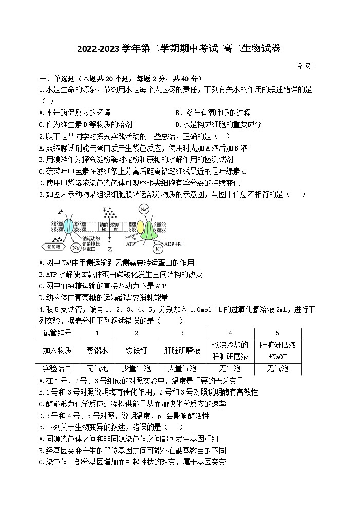 2022-2023学年广东省汕头市金山中学高二下学期期中考试生物含答案01