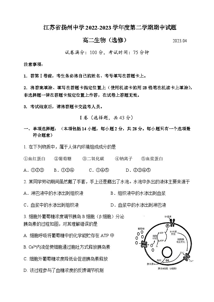 2022-2023学年江苏省扬州中学高二下学期期中考试生物（选修）含答案01