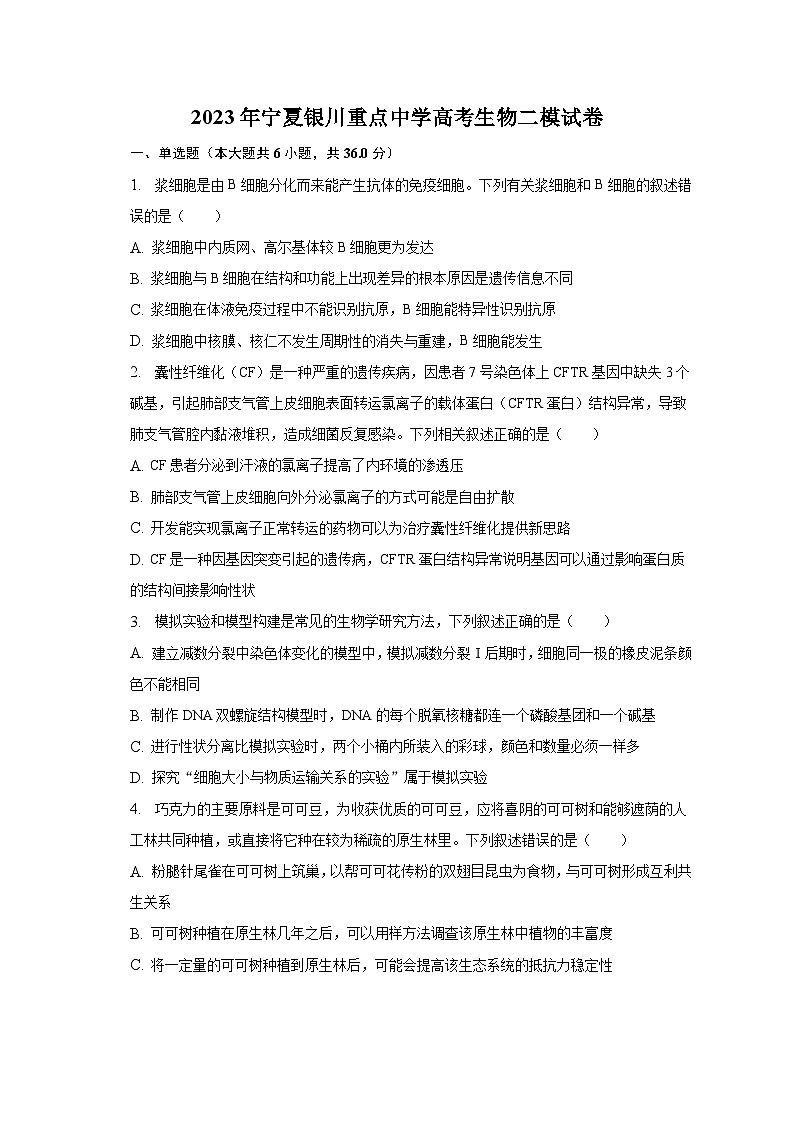 2023年宁夏银川重点中学高考生物二模试卷第1页