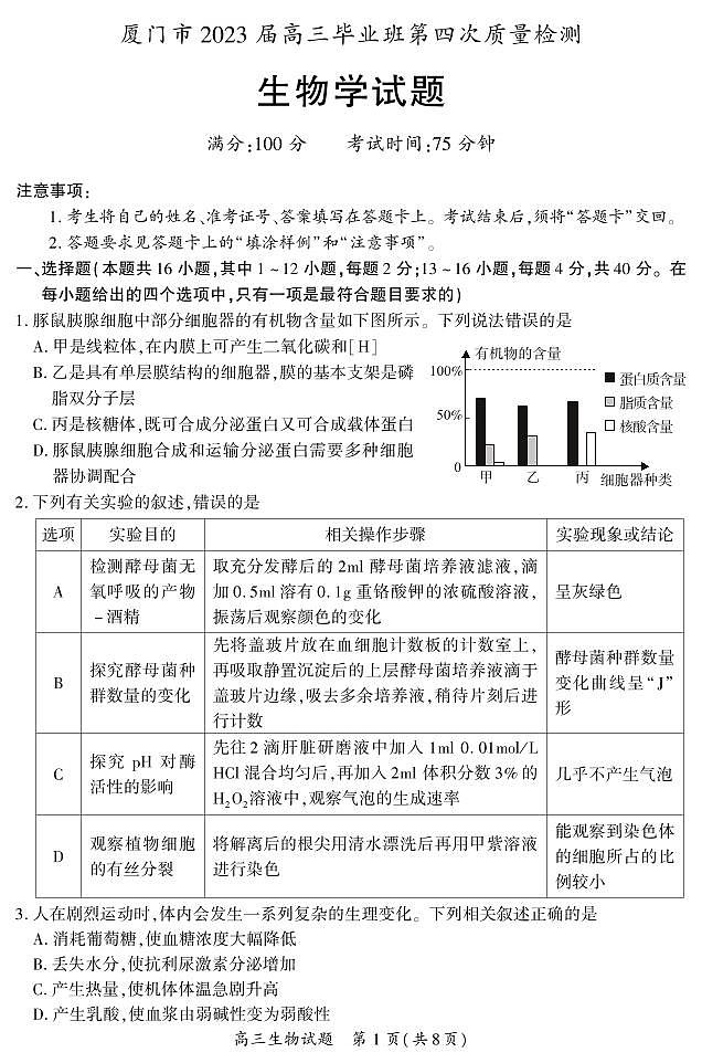 福建省厦门市2023届高三毕业班第四次质量检生物01