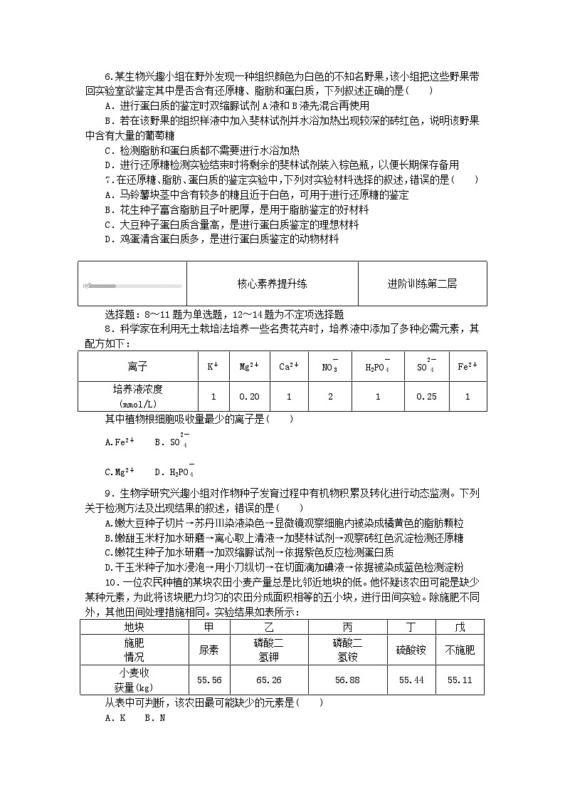 2023_2024学年新教材高中生物第2章组成细胞的分子2.1细胞中的元素和化合物课时作业新人教版必修102
