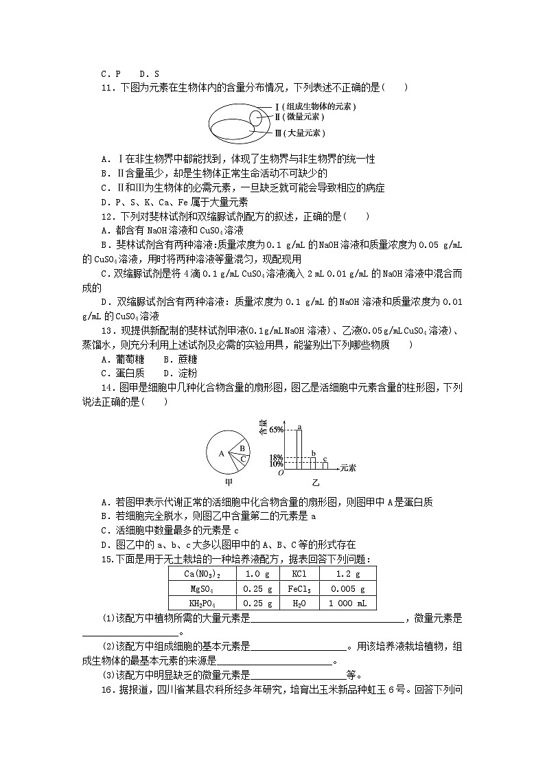2023_2024学年新教材高中生物第2章组成细胞的分子2.1细胞中的元素和化合物课时作业新人教版必修103
