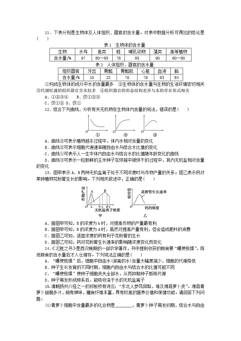 2023_2024学年新教材高中生物第2章组成细胞的分子2.2细胞中的无机物课时作业新人教版必修103