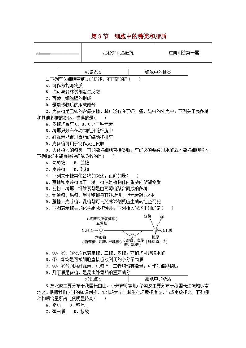 2023_2024学年新教材高中生物第2章组成细胞的分子2.3细胞中的糖类和脂质课时作业新人教版必修1第1页