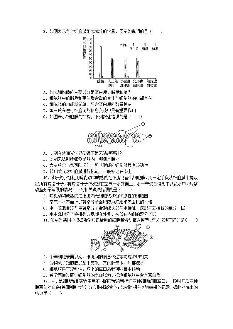 2023_2024学年新教材高中生物第3章细胞的基本结构3.1细胞膜的结构和功能课时作业新人教版必修103