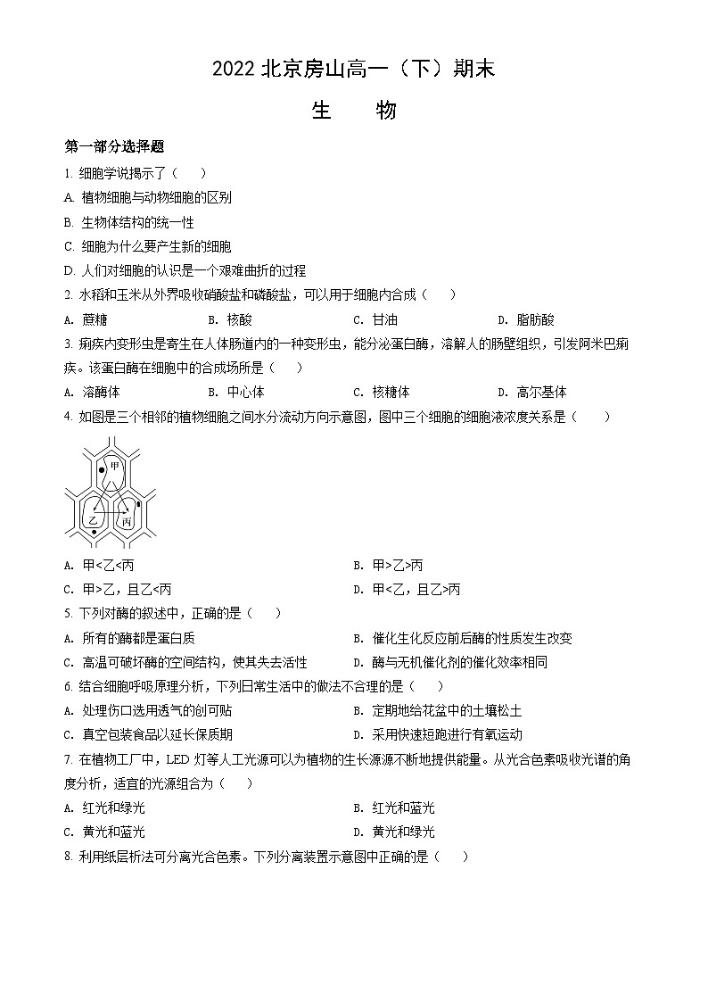 2022北京房山高一（下）期末生物（教师版） 试卷01
