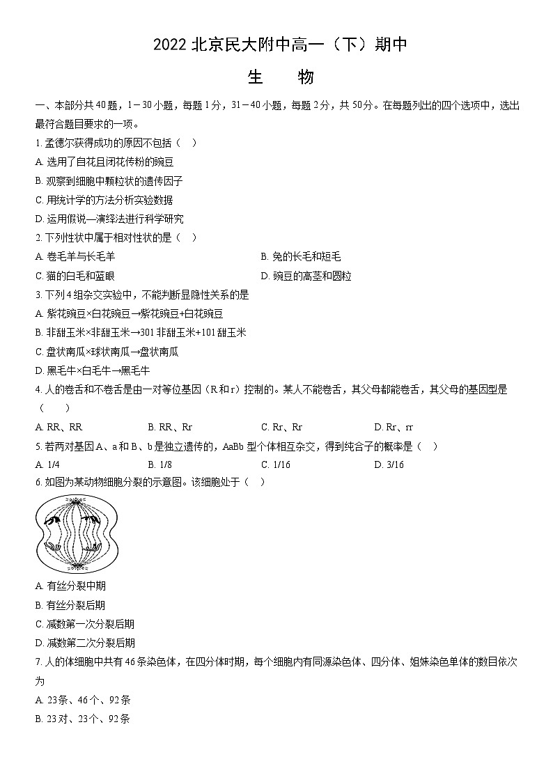 2022北京民大附中高一（下）期中生物（教师版）第1页