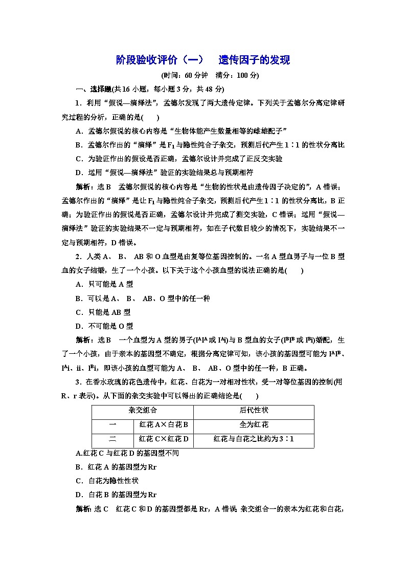 人教版高中生物必修2阶段验收评价（一）遗传因子的发现含答案第1页