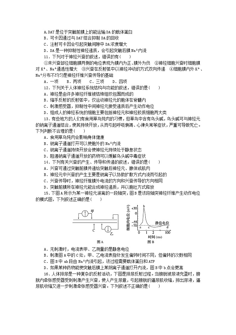 2023版新教材高中生物第2章神经调节检测卷新人教版选择性必修1第3页