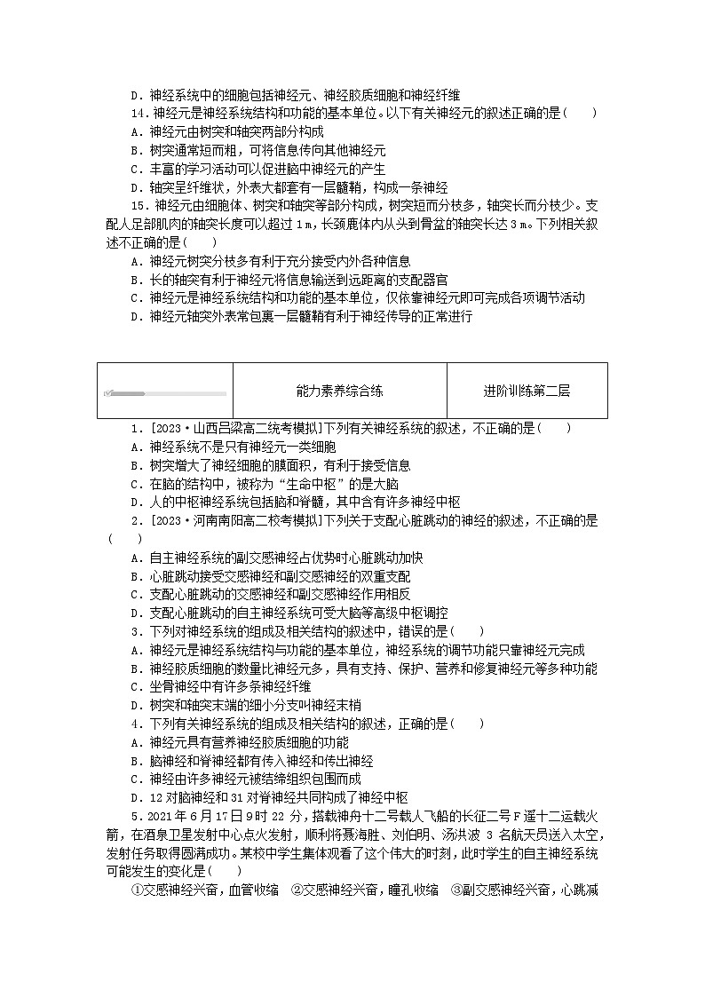 2023版新教材高中生物第2章神经调节第1节神经调节的结构基次时作业新人教版选择性必修103
