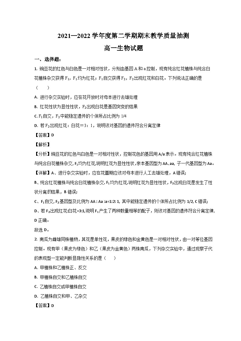 山东省聊城市2021-2022学年高一生物下学期期末考试试题（Word版附解析）第1页