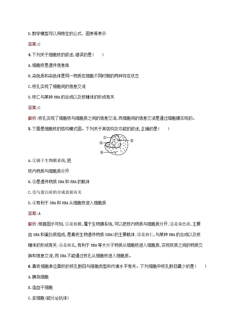 新教材适用2023年高中生物第3章细胞的基本结构第3节细胞核的结构和功能课后习题新人教版必修102