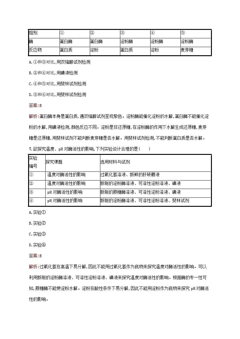 新教材适用2023年高中生物第5章细胞的能量供应和利用第1节降低化学反应活化能的酶第2课时酶的特性课后习题新人教版必修103