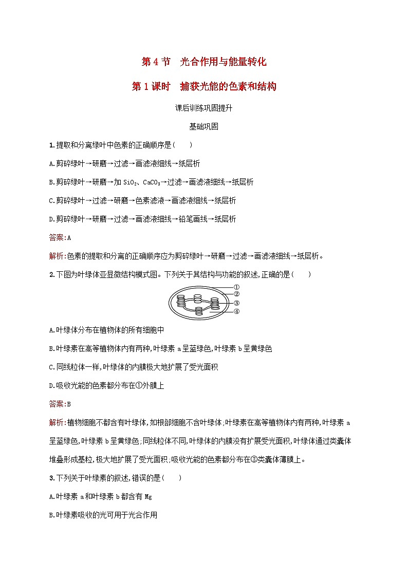 新教材适用2023年高中生物第5章细胞的能量供应和利用第4节光合作用与能量转化第1课时捕获光能的色素和结构课后习题新人教版必修101