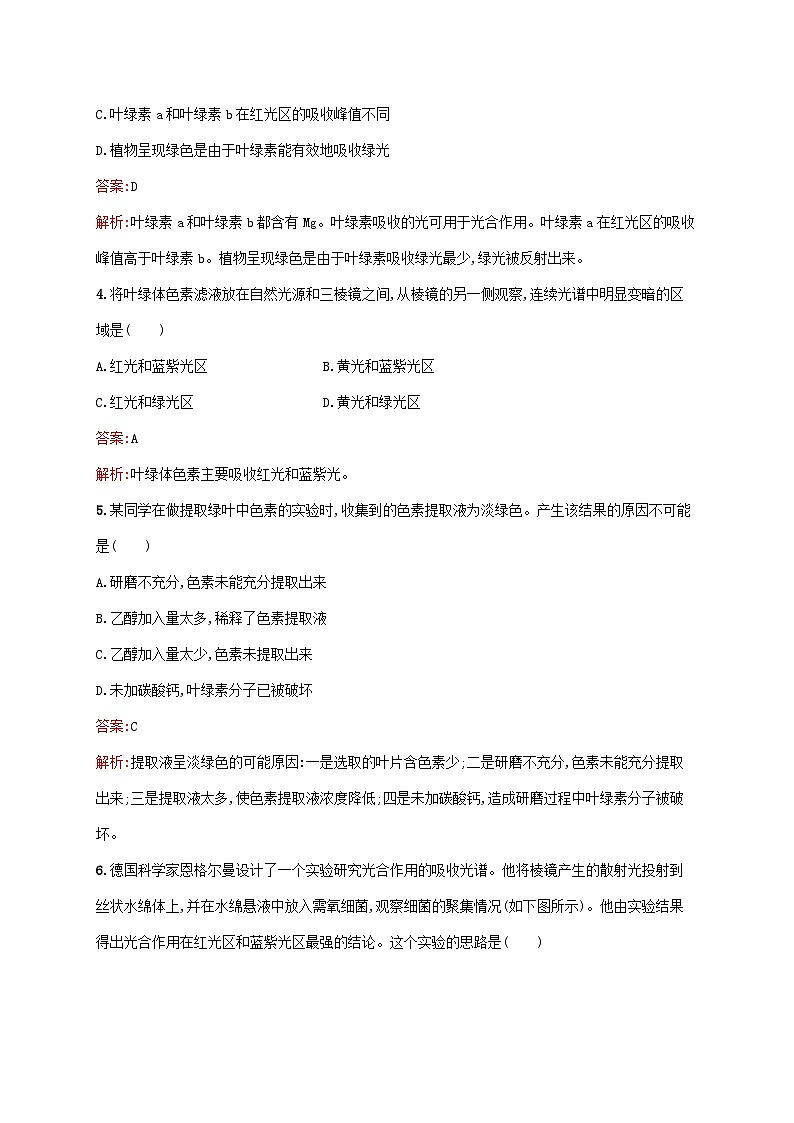 新教材适用2023年高中生物第5章细胞的能量供应和利用第4节光合作用与能量转化第1课时捕获光能的色素和结构课后习题新人教版必修102