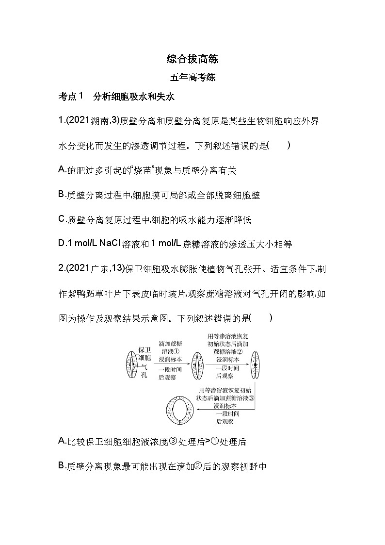 2023人教版高中生物必修1 分子与细胞 第4章 细胞的物质输入和输出 综合拔高练01