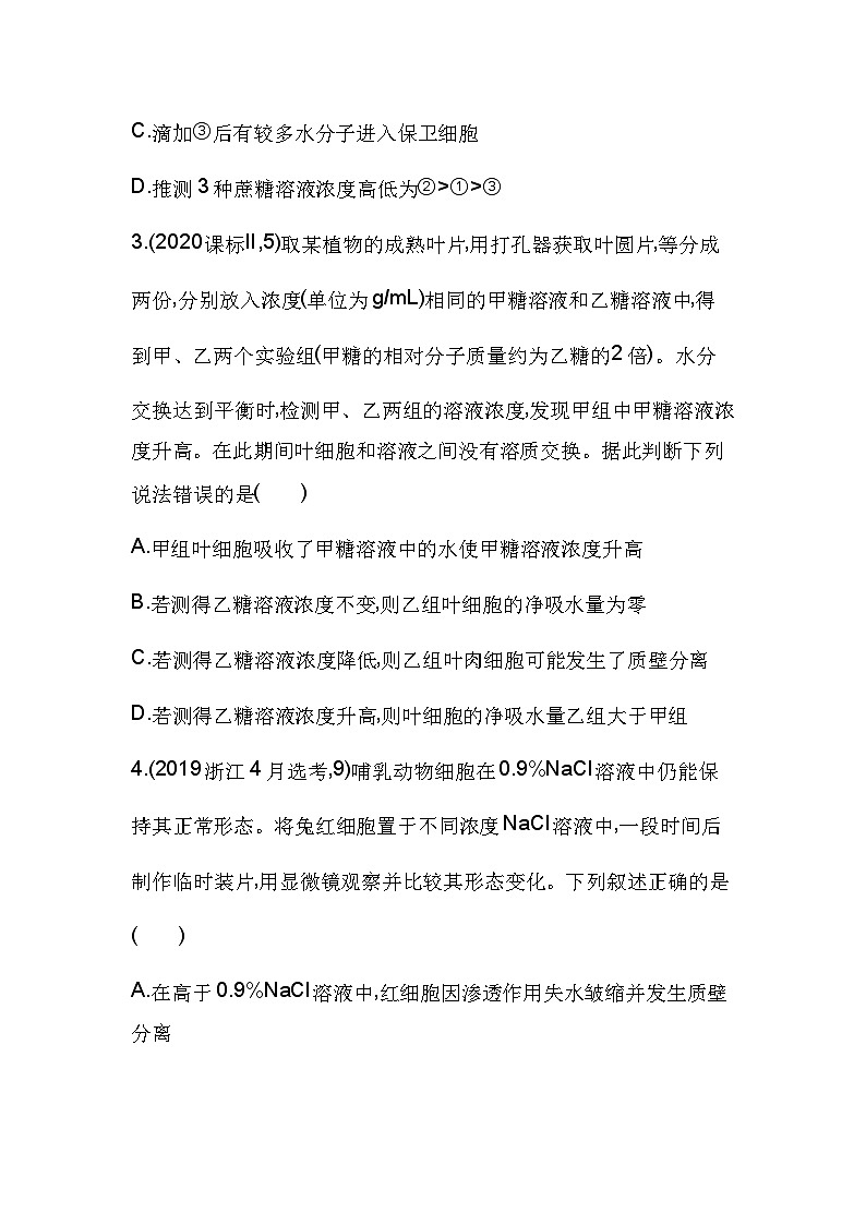 2023人教版高中生物必修1 分子与细胞 第4章 细胞的物质输入和输出 综合拔高练02
