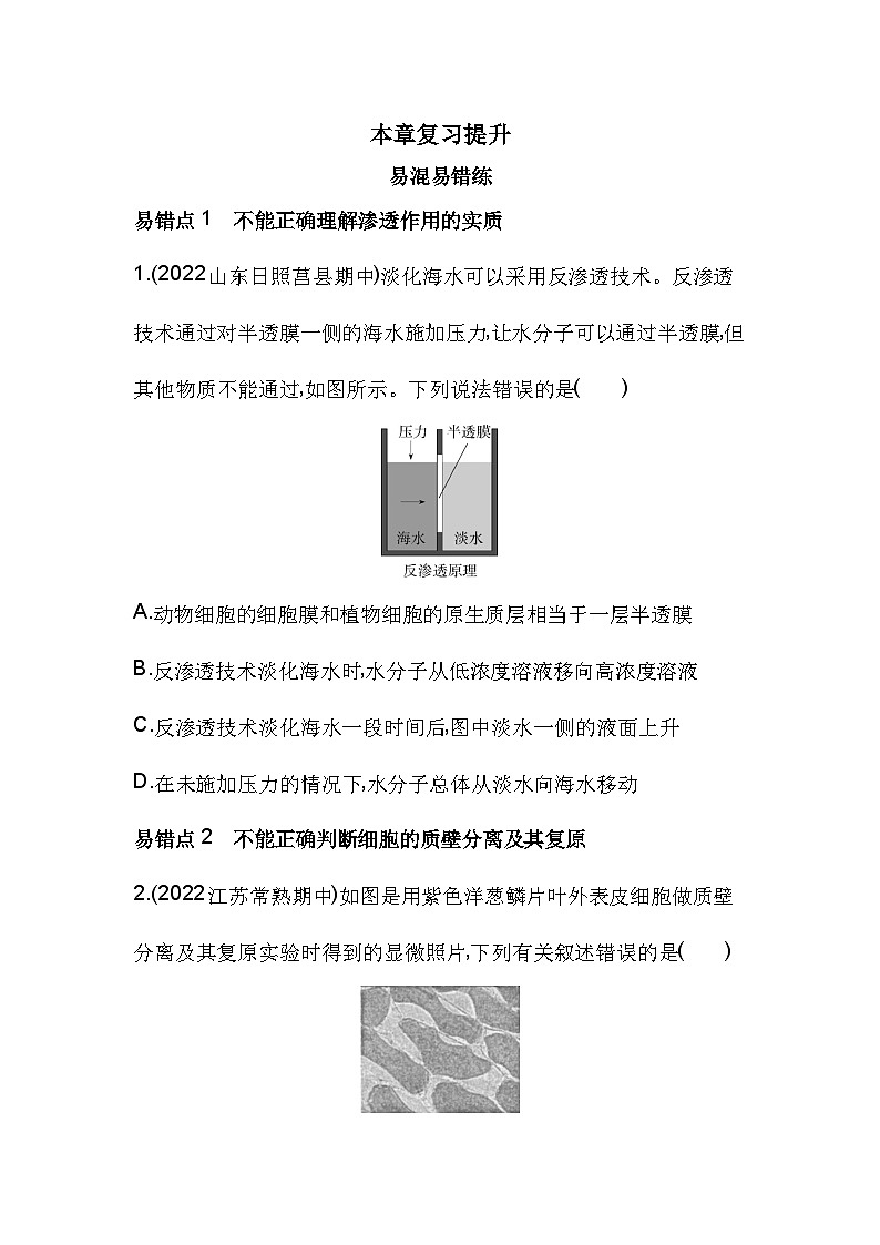 2023人教版高中生物必修1 分子与细胞 第4章 细胞的物质输入和输出 本章复习提升 试卷01