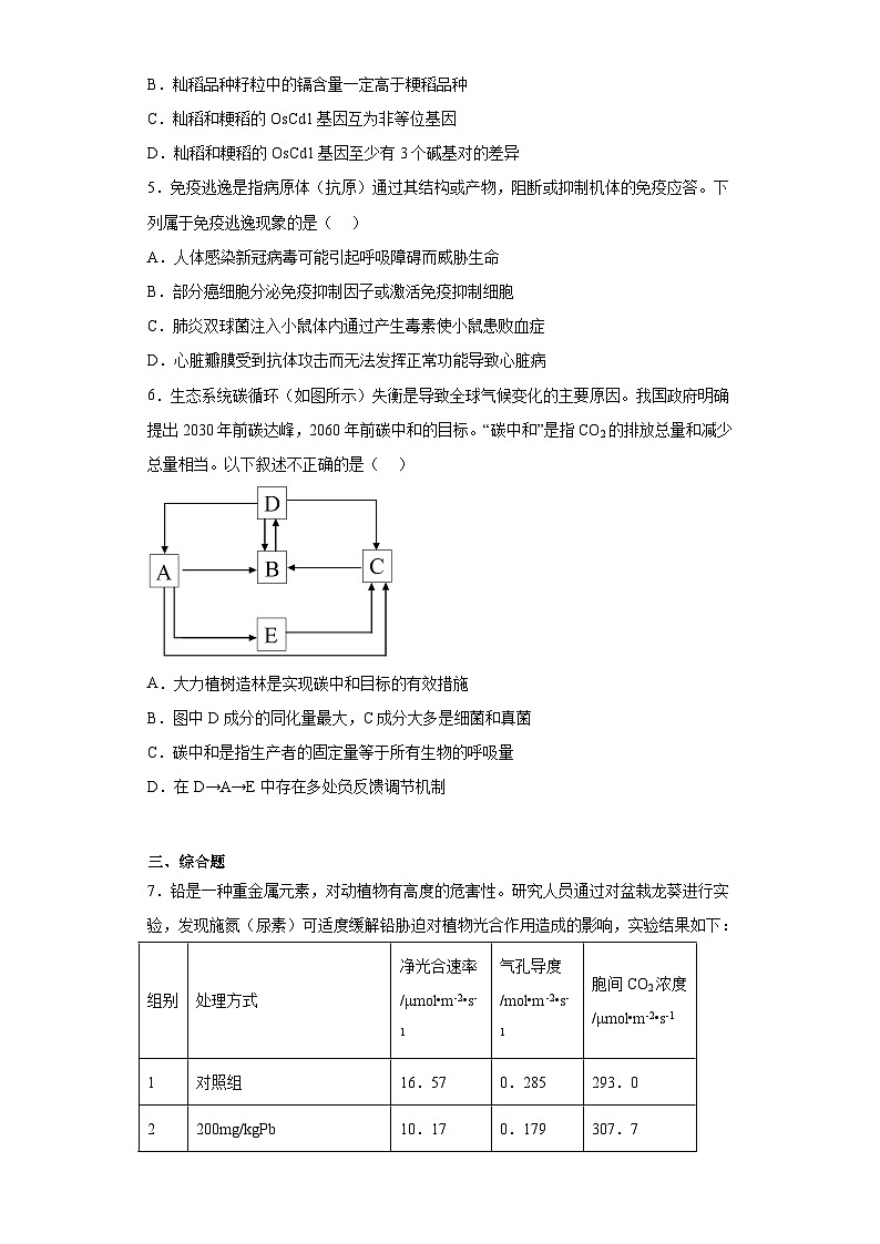 2022届山西省高三第一次模拟考试理综生物试题（B卷）（无答案）02
