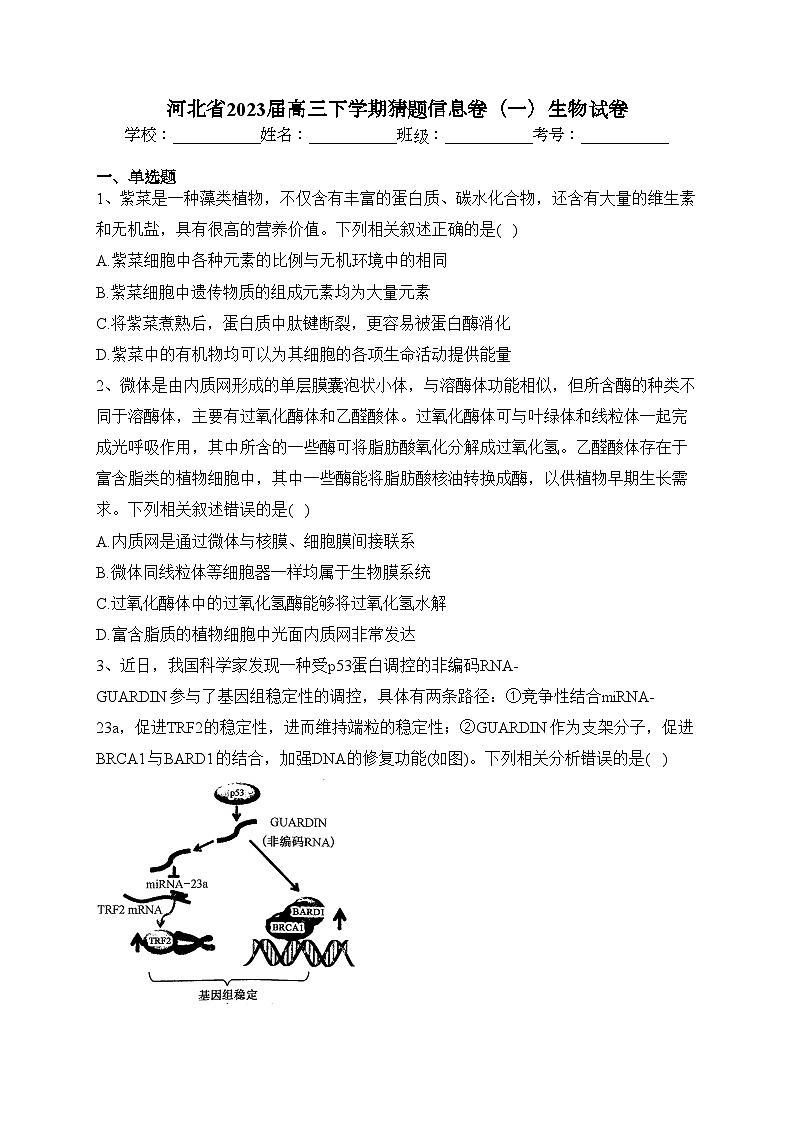 河北省2023届高三下学期猜题信息卷（一）生物试卷(含答案)01