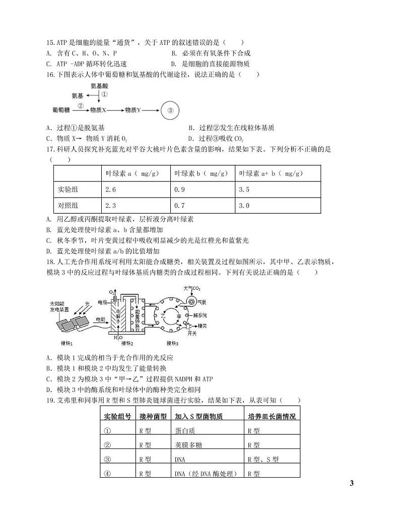 上海闵行中学2022年高一下学期生物期中试卷真题第3页