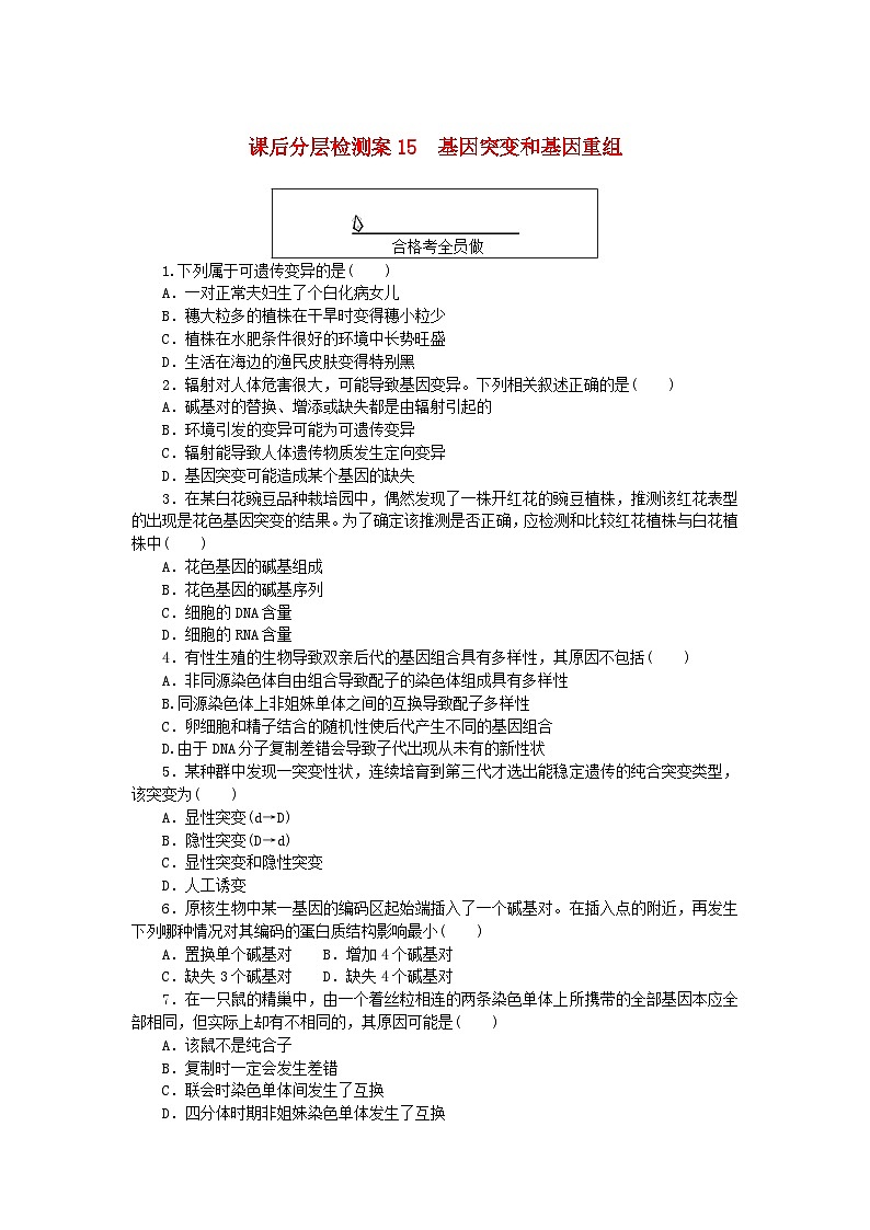 新教材2023版高中生物课后分层检测案15基因突变和基因重组新人教版必修201