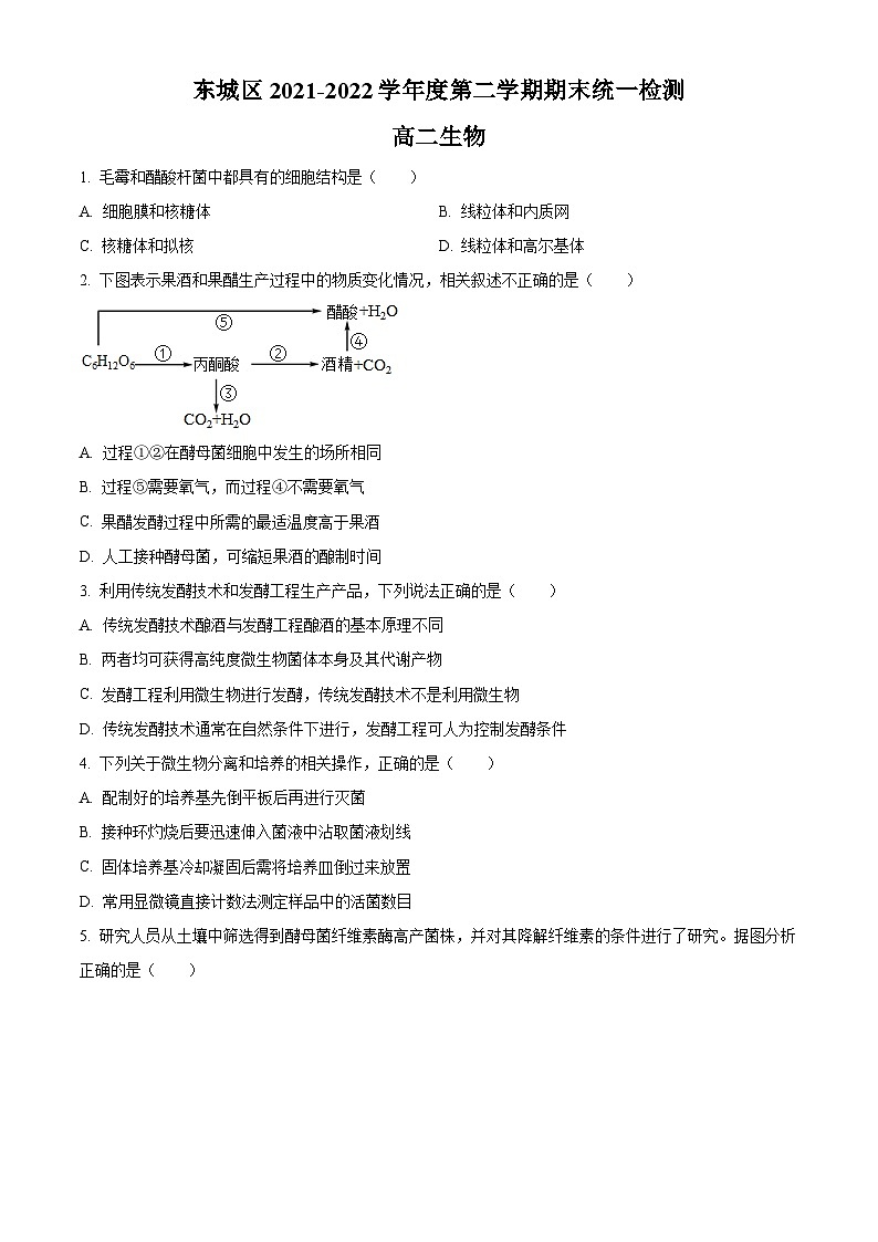 2022北京东城区高二下学期期末考试生物试题含解析01