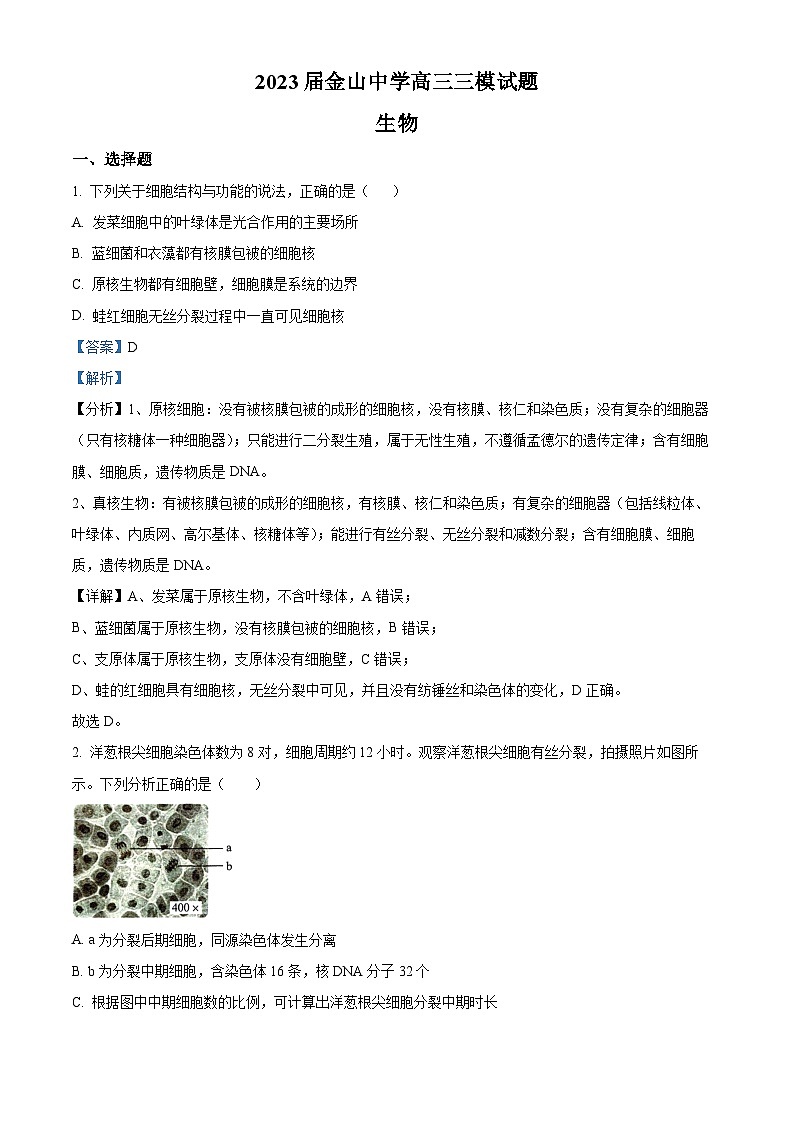 广东省汕头市金山中学2022-2023学年高三生物下学期三模试题（Word版附解析）01