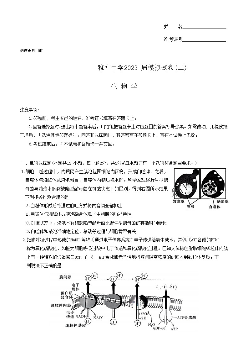 湖南省长沙市雅礼中学2023届高三生物二模试题（Word版附解析）01