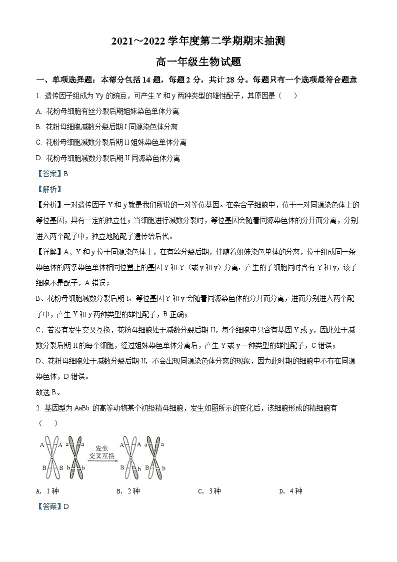 江苏省徐州市2021-2022学年高一生物下学期期末考试试题（Word版附解析）01