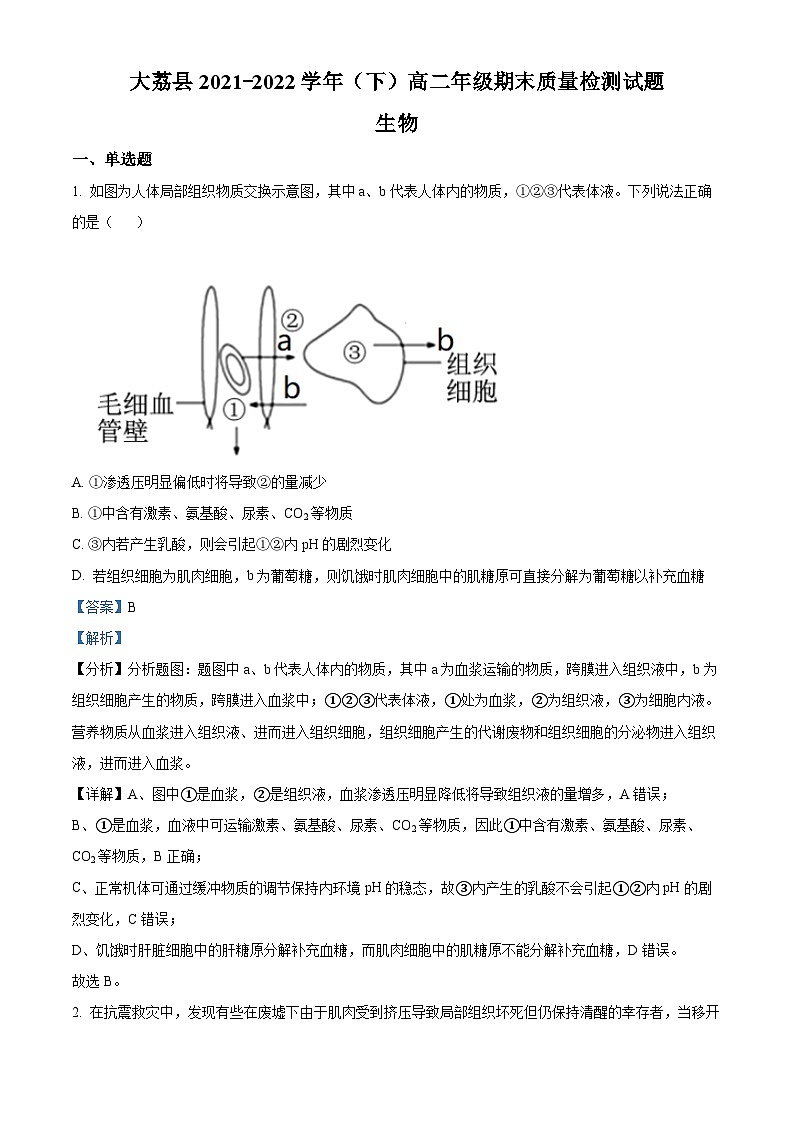 陕西省渭南市大荔县2021-2022学年高二生物下学期期末质量检测试题（Word版附解析）第1页