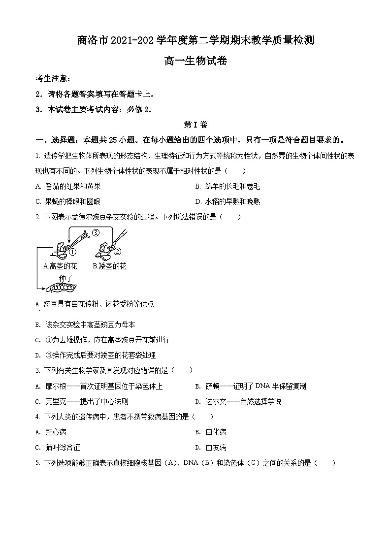 2022商洛高一下学期期末生物试题含解析01