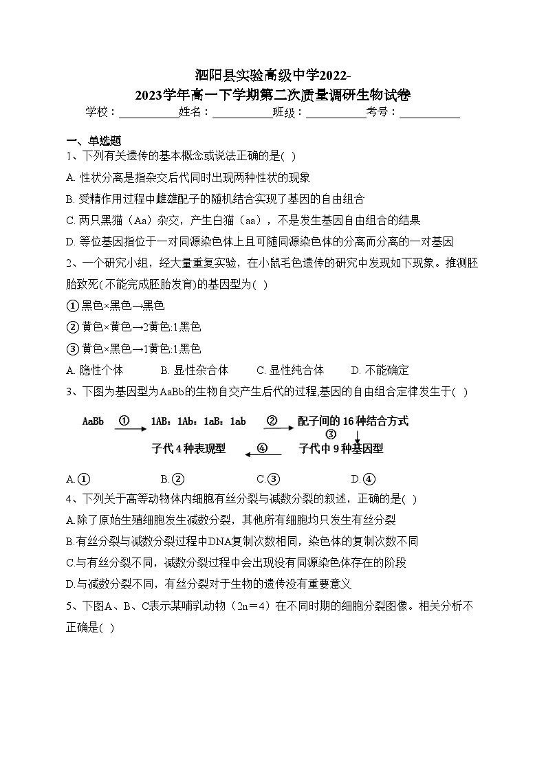 泗阳县实验高级中学2022-2023学年高一下学期第二次质量调研生物试卷（含答案）01
