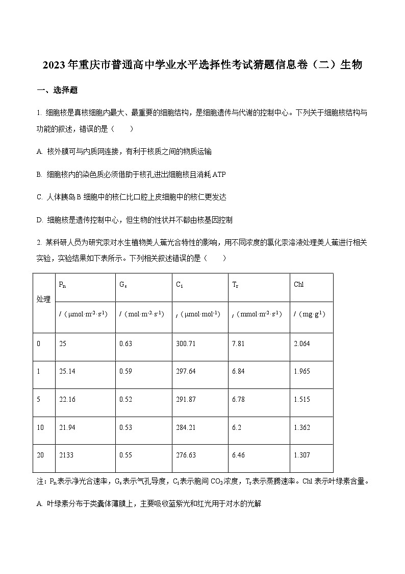 2023届重庆市普通高中学业水平选择性考试猜题信息联考卷(二)生物试题含解析01