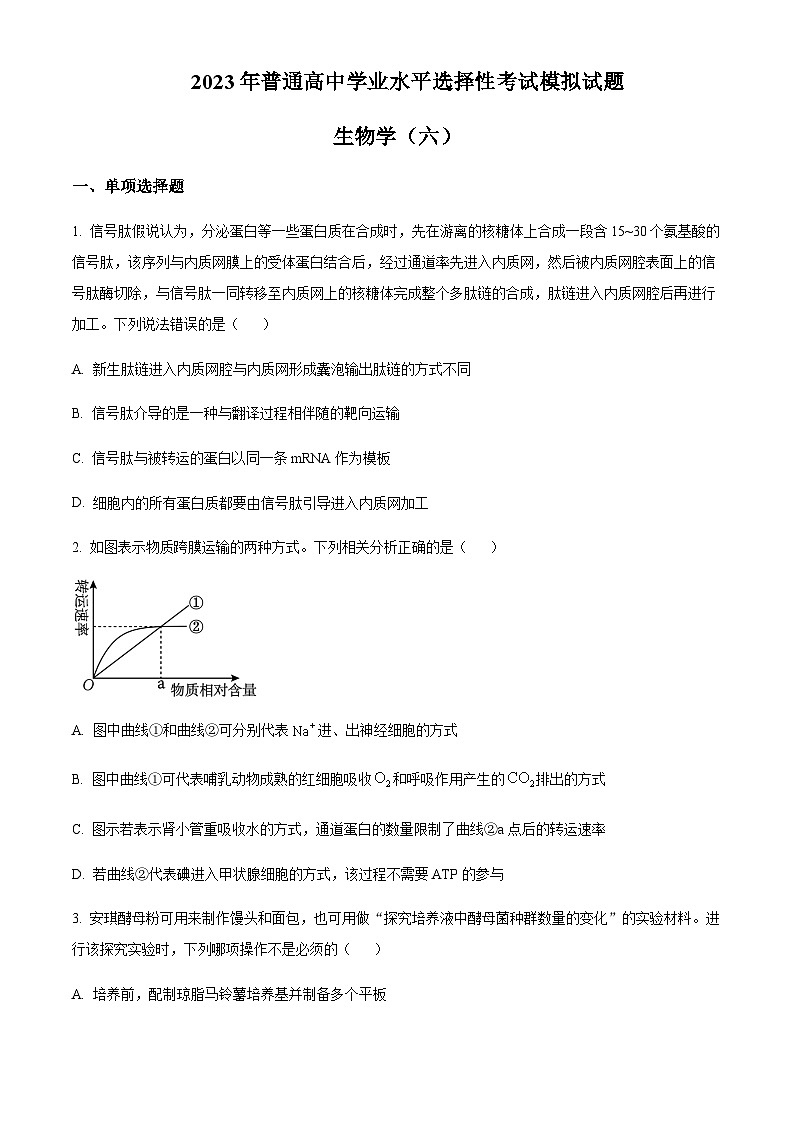 2023届重庆市万州第二高级中学高三普通高中学业水平选择性考试模拟（六）生物试题含解析01