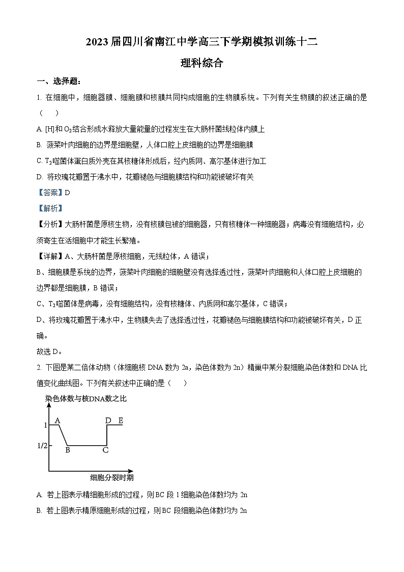 四川省南江中学2023届高三生物下学期模拟训练十二试题（Word版附解析）第1页
