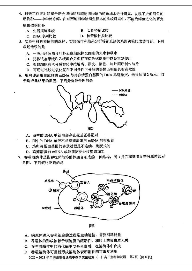 广东省佛山市2023届高三上学期教学质量检测一模生物试卷+答案02