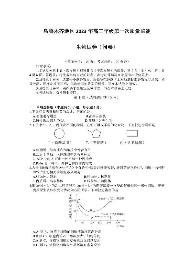 新疆乌鲁木齐2023届高三下学期第一次质量监测一模生物试卷+答案01