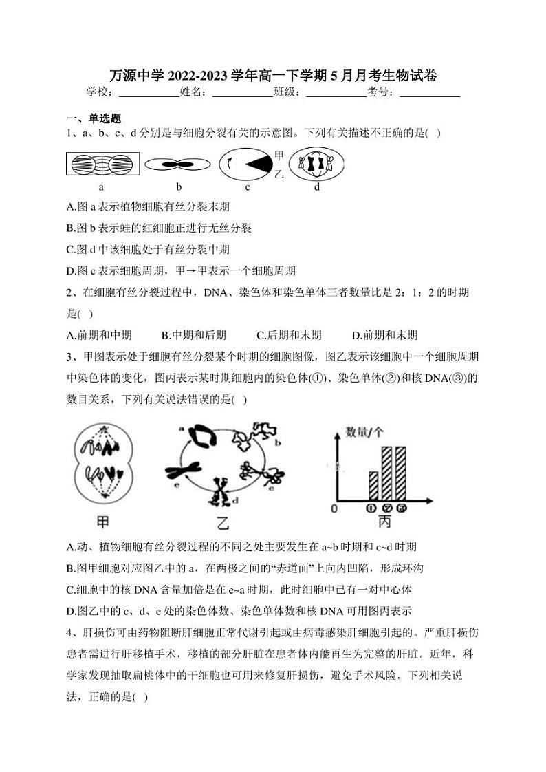 万源中学2022-2023学年高一下学期5月月考生物试卷(含答案)第1页