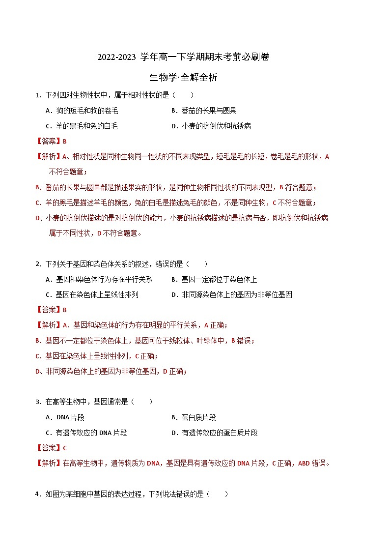 2022-2023学年高一下学期期末考前必刷卷：生物01卷（人教版必修第二册）（全解全析）01