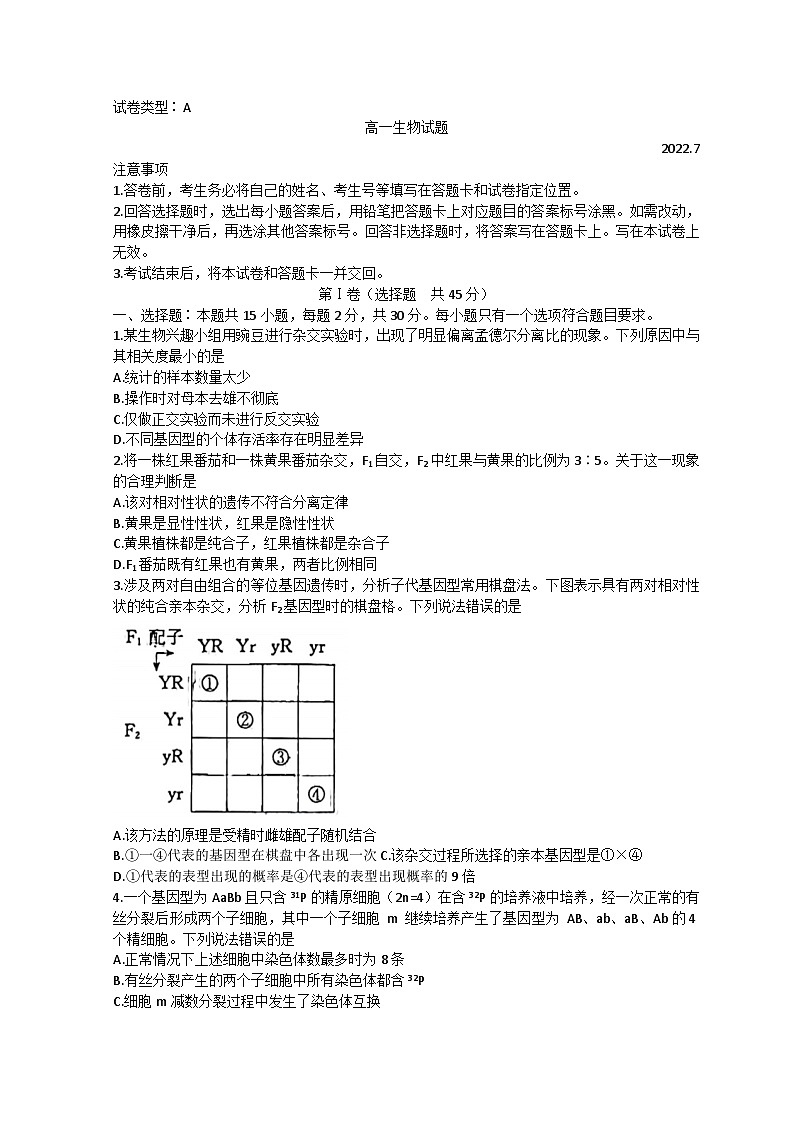 2022滨州高一下学期期末考试生物试题含答案01