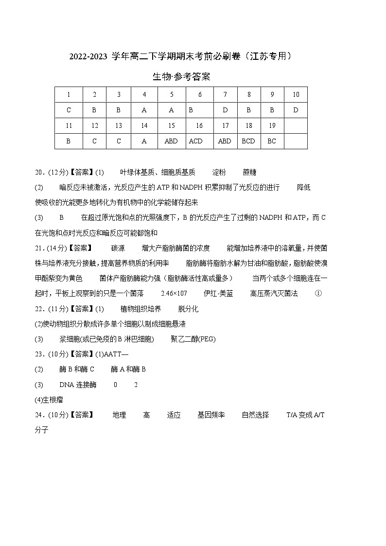 2022-2023学年高二下学期期末考前必刷卷：生物01卷（江苏专用）（参考答案）01
