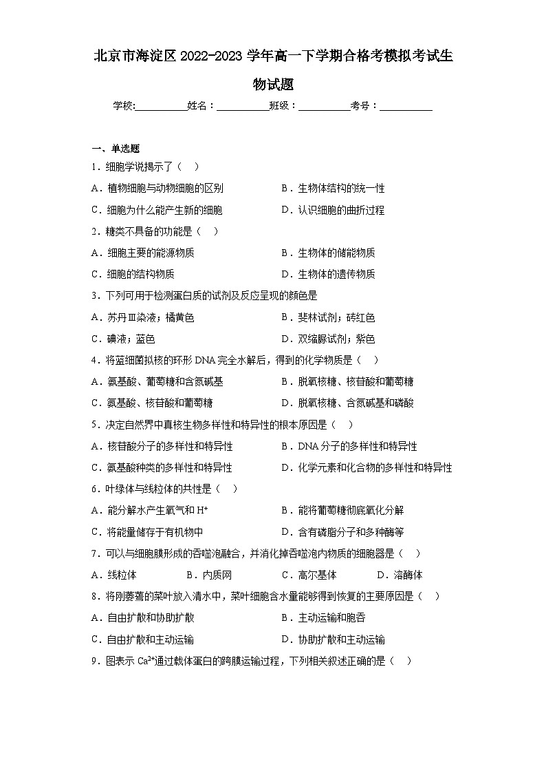 北京市海淀区2022-2023学年高一下学期合格考模拟考试生物试题（含解析）01