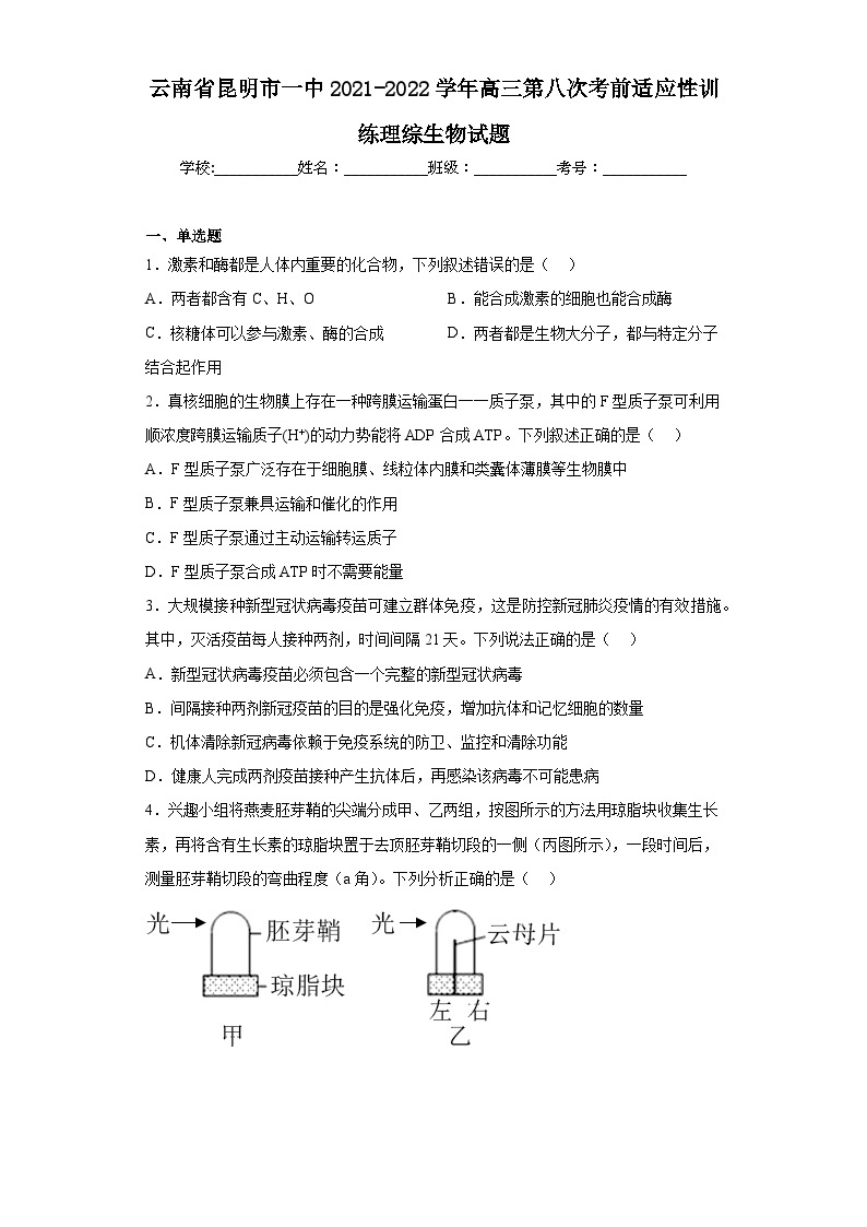 云南省昆明市一中2021-2022学年高三第八次考前适应性训练理综生物试题（含解析）01